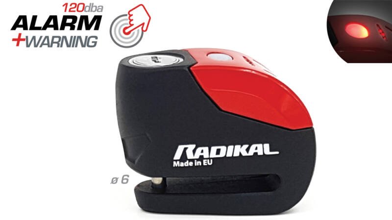 Radikal RK9 preto e vermelho com indicação do alarme e pino de 6 mm